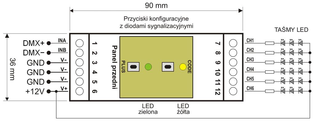 1. Opis ogólny sterownika SPL-6C. Sterownik SPL-6C jest urządzeniem przeznaczonym do sterowania diodami lub taśmami LED na 6 niezależnych wyjściach za pomocą 6 kanałów sygnału DMX-512.