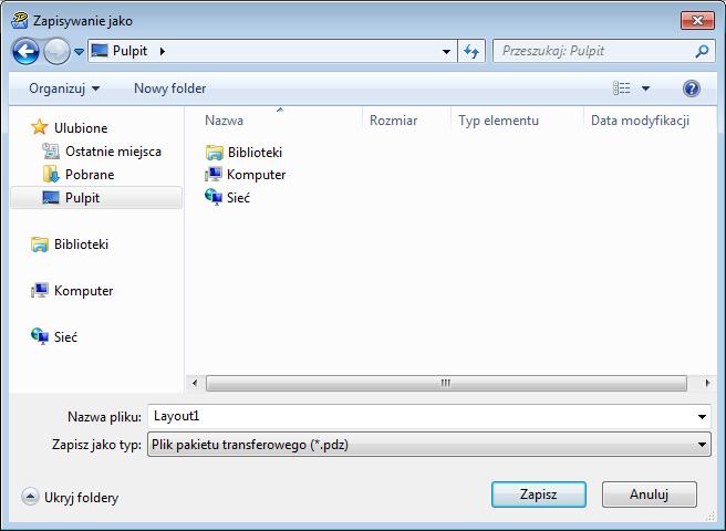 W przypadku kliknięcia opcji Zapisz plik transferu przy zaznaczonej opcji Konfiguracje lub przy zaznaczonym nowo utworzonym folderze wszystkie szablony w folderze