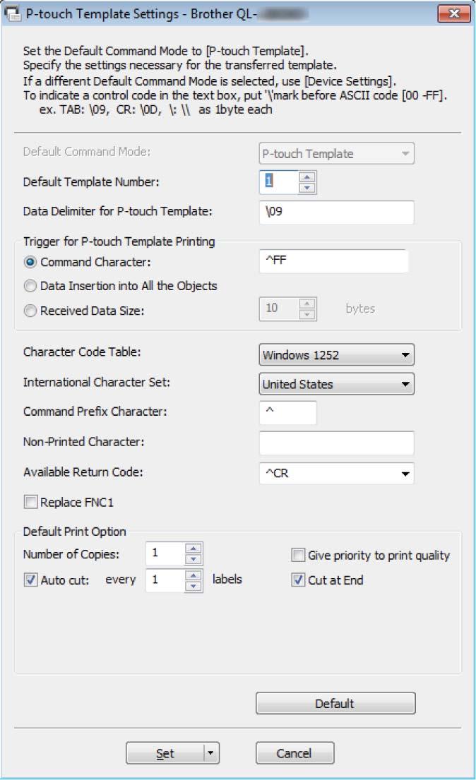 Zmienianie ustawień drukarki do etykiet Okno dialogowe ustawień P-touch Template 4 1 2 3 4 4 5 6 7 8 9 10 11 12 15 13 14 1 Default Command Mode (Domyślny tryb poleceń) Umożliwia wybranie trybu