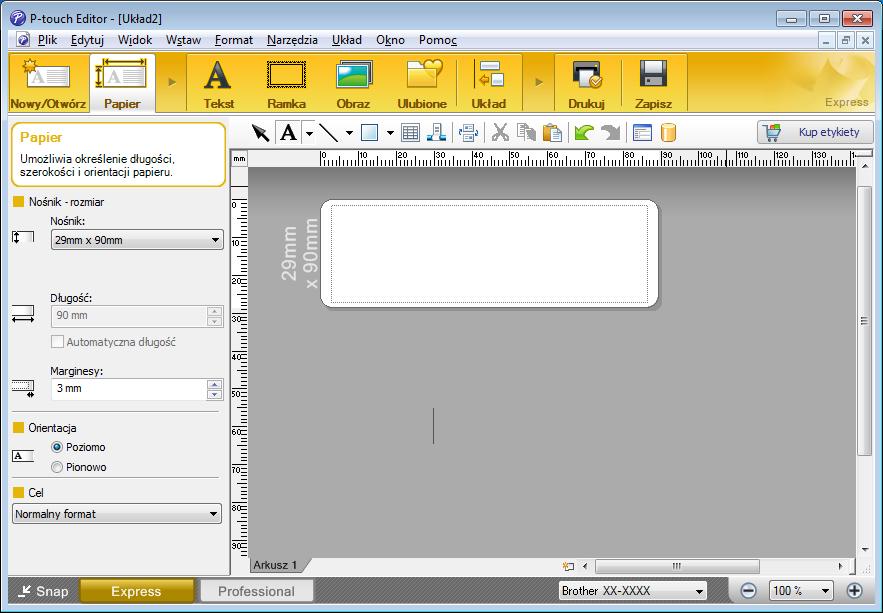 Jak korzystać z aplikacji P-touch Editor Drukowanie przy użyciu aplikacji P-touch Editor 7 Tryb Express Ten tryb pozwala szybko tworzyć układy zawierające tekst i obrazy.