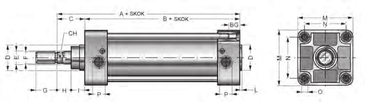 Siłowniki XJ (ISO 6431/15552) Ciśnienie pracy: Smarowanie: Amortyzacja: Pokrywy: Tłoczysko: Pręty montażowe: Tuleja: Uszczelnienia: Zakres średnic: 1-10 bar
