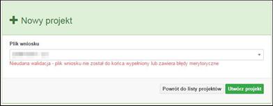 W nowym oknie, z listy rozwijanej, wybierz plik wniosku o dofinansowanie EFRR/EFS, z którego chcesz utworzyć plik projektu. Następnie kliknij na przycisk.