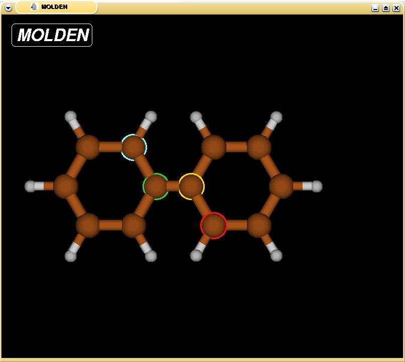 Przykład: difenyl obrót wokół wiązania łączącego pierścienie 1 2 3 4 7 8 9 10 6 5 1211 W tym przypadku pomocna jest zmiana numeracji atomów: - atom 8 zdefiniowany jest teraz