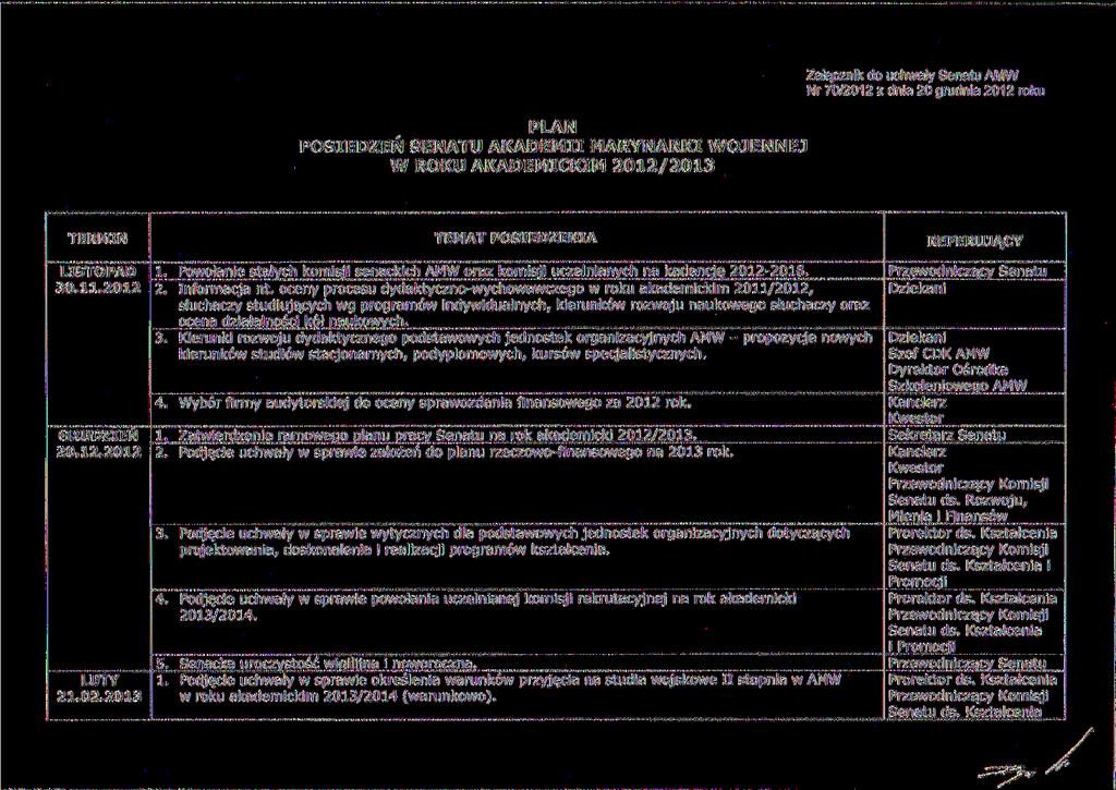 Załącznik do uchwały Senatu AMW Nr 70/2012 z dnia 20 grudnia 2012 roku PLAN POSIEDZEŃ SENATU AKADEMII MARYNARKI WOJENNEJ W ROKU AKADEMICKIM 2012/2013 TERMIN TEMAT POSIEDZENIA LISTOPAD 30.11.2012 1.