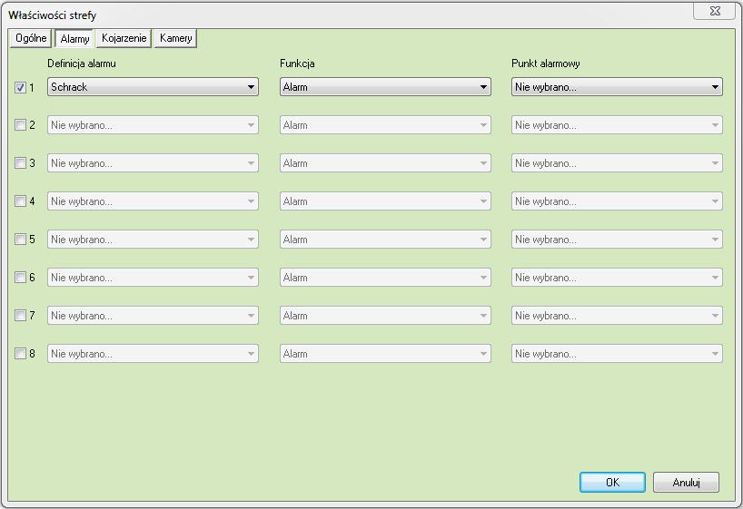 6.1.2.2. Alarmy Można załączyć do 8 alarmów i przypisać różne funkcje oraz punkty alarmowe.