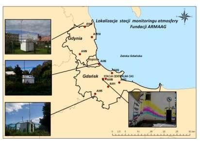 Rysunek 1 Lokalizacja obiektów monitoringu atmosfery w strefie aglomeracja trójmiejska W roku 2018 zrealizowano postulowaną wymianę wyeksploatowanych