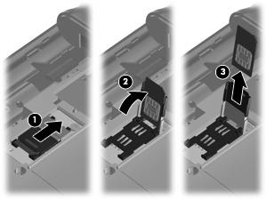 9. Przesuń zamknięcie złącza karty SIM (1) w prawą stronę, aby je odblokować, a następnie unieś lewą stronę zamknięcia do góry w prawo (2) i wyjmij kartę SIM (3). 10.