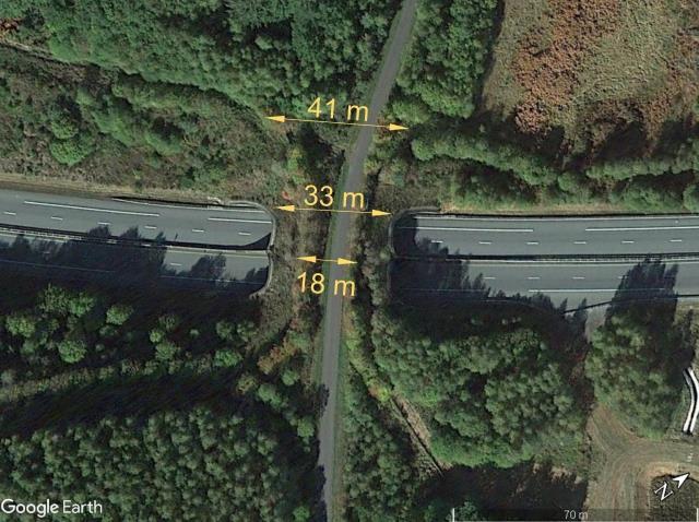 Ryc. 3.33. Wymiary przejścia zespolonego: szerokość strefy najścia 41 m, szerokość obiektu 33 m, faktyczna szerokość przejścia ok. 18 m, wraz z drogą Ryc. 3.34.