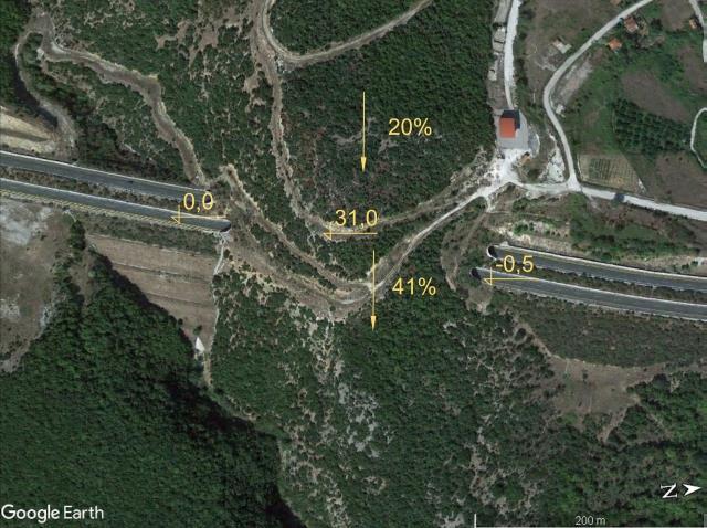 Ryc. 3.57. Zdjęcie satelitarne tunelu (o długości 220 m) i równocześnie przejścia górnego (pochylenie podłużne zbocza wynosi 20% i 41%) Ryc. 3.58.