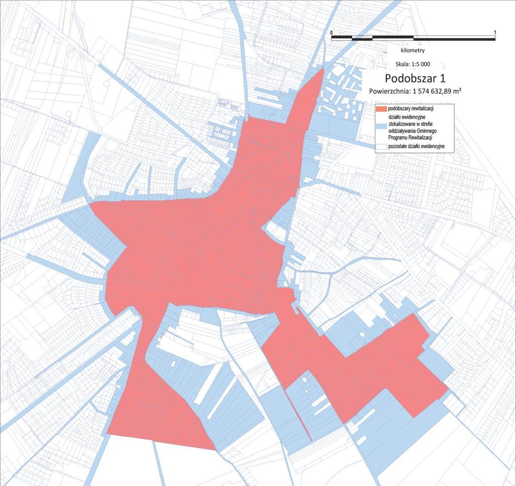 Mapa 4 Podobszar rewitalizacji nr 1 miasta Ostrów Mazowiecka (opracowanie własne).