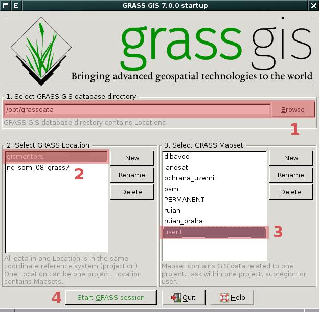 Spuštění systému GRASS Uvítací dialog wxgui ve verzi 7.