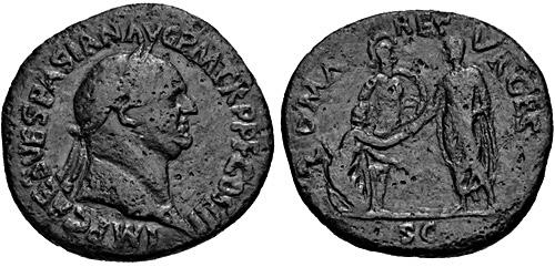 Judyta Ścigała: Roma renascens i Roma resurgens w ikonografii monet Galby 29 Il. 3. Sesterc, Rzym, 71 rok Aw.: IMP CAES VESPASIAN AVG P M TR P P P COS III. Wespazjan.