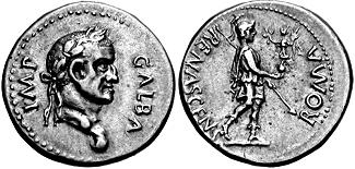 24 Artykuły Il. 2. Denar, Tarraco, lata 68 69 Aw.: IMP GALBA. Galba. Głowa cesarza w wieńcu laurowym zwrócona w prawo. Glob umieszczony na popiersiu. Rw.: ROMA RENASCENS. Roma idąca naprzód, w prawo.