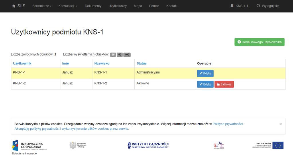 Rys. 15. Okno główne zakładki Użytkownicy podmiotu Naciskając przycisk Dodaj nowego użytkownika możemy dodać nowego użytkownika (Rys. 16)