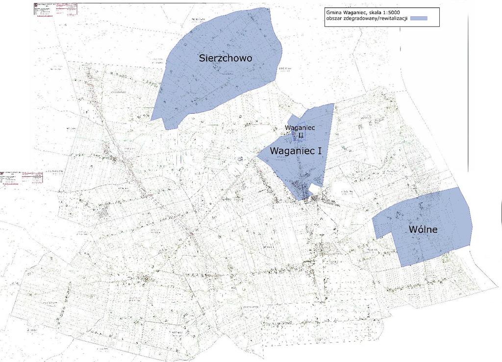 Rysunek 1. Mapa poglądowa obszar rewitalizacji na tle obszaru zdegradowanego Gminy Waganiec Źródło: opracowanie własne.