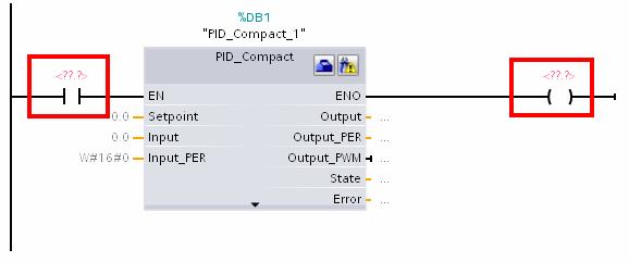 Rysunek 3 Styk włączający oraz cewka stanu regulatora PID 7. Definiujemy zmienne wejściowe i wyjściowe powiązane z regulatorem PID. Zmienne definiujemy w tablicy Tag table.