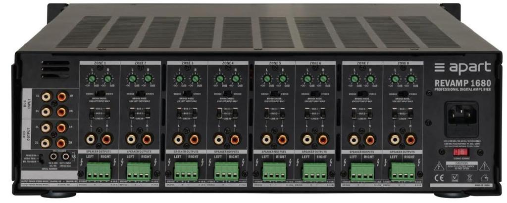 REVAMP1680 REVAMP1680 to profesjonalny, 16-kanałowy cyfrowy wzmacniacz mocy, dysponujący mocą wyjściową 16 x 80 W przy 4 Ohm, oferujący także możliwość mostkowania do 8 kanałów o mocy po 160 W przy 8