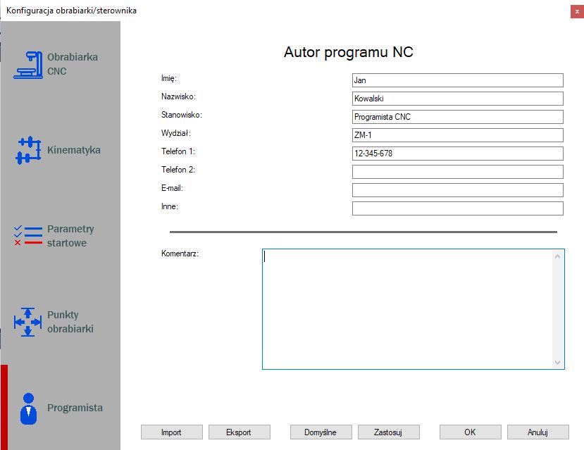 Autor program NC - Dane osobowe technologa wprowadzane w celu