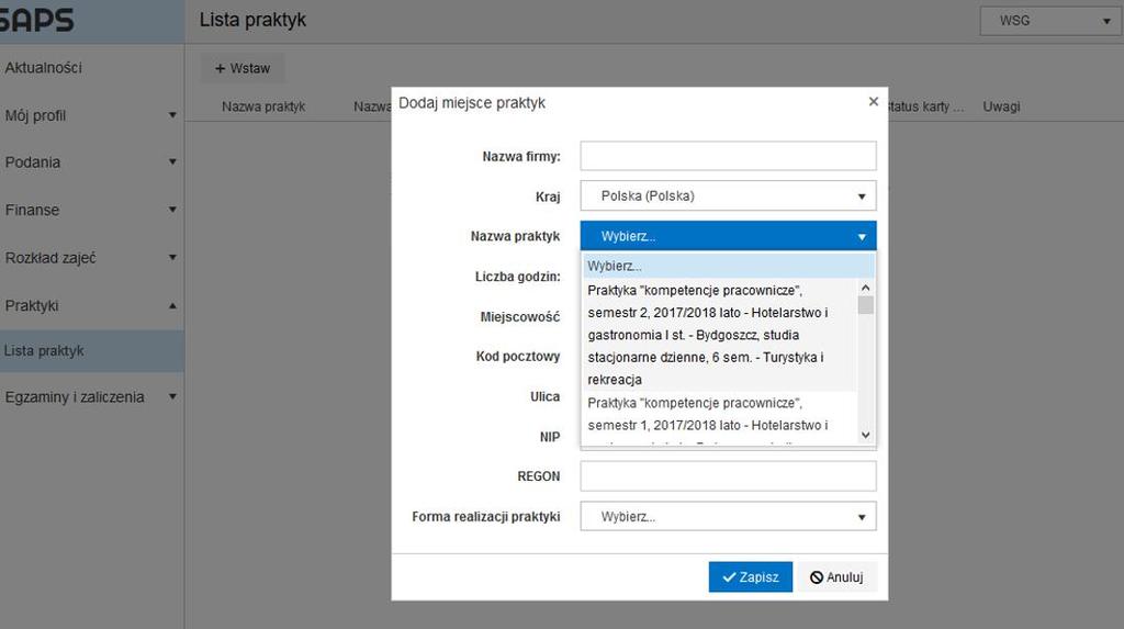 Po kliknięciu na rozwijaną listę pojawi się lista praktyk przypisanych do konta