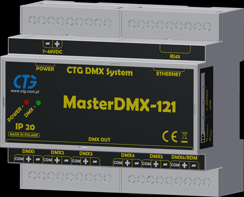 Cechy urządzenia: W pełni konfigurowalny przez sieć ethernet Zgodny ze standardem DMX512 i RDM Zgodny ze standardem Art-Net Maksymalna długość linii DMX - 1200m Wbudowany 6-kanałowy spliter sygnału