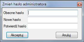 4. Sekcja Inne. 4.1 Przycisk Koniec nauki pilotów kończy rozpoczętą naukę pilotów. 4.2 Przycisk Zmień hasło administratora otwiera okienko zmiany hasła administratora: 4.