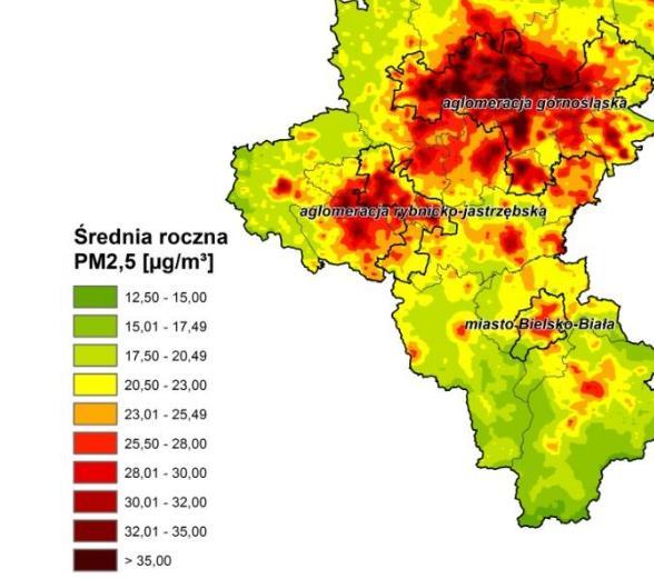 Pył PM2,5/rok W raporcie wskazano również przekroczenie średnich stężeń rocznych pyłu PM2,5. Rysunek 5. Obszary przekroczeń średnich stężeń rocznych pyłu PM2,5.
