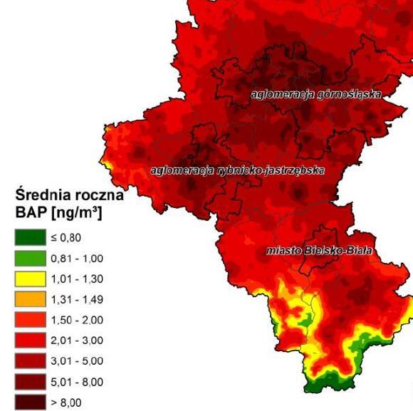 Benzo(a)piren Rozkład stężeń średniorocznych benzo(a)pirenu wskazuje wysokie stężenia na terenie prawie całego województwa śląskiego, w tym na obszarze Miasta Cieszyn.