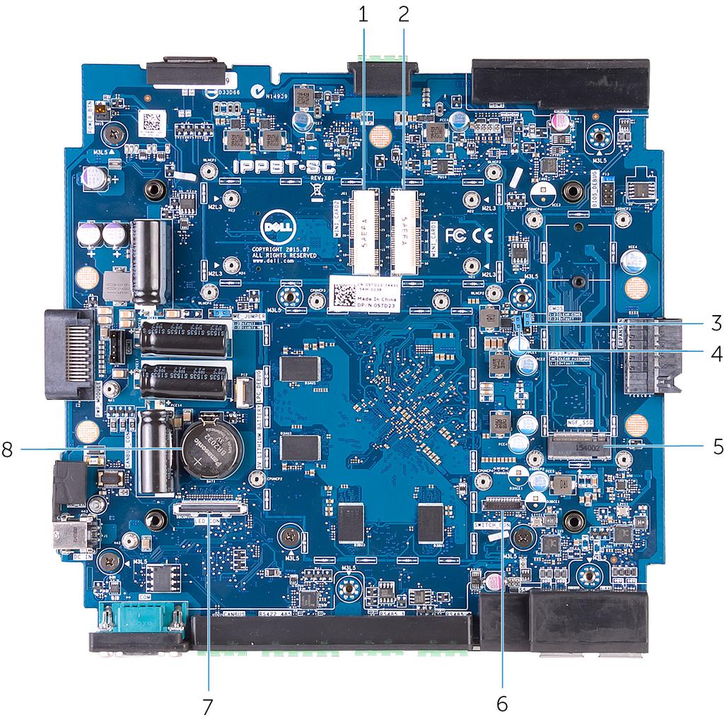 Opis techniczny 3 Elementy płyty systemowej 1. złącze karty modemu szerokopasmowego (MINI_CARD2) 2. złącze karty sieci bezprzewodowej (MINI_CARD1) 3. zworka resetowania pamięci CMOS (CMOS) 4.
