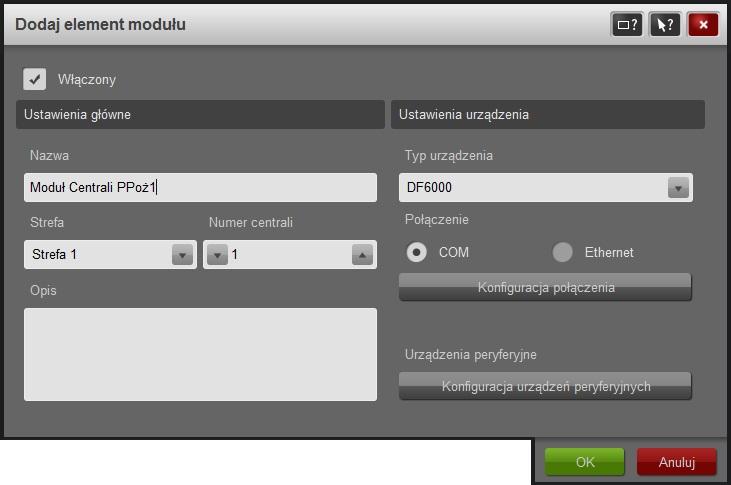1 przedstawia okno z listą centrali przeciwpożarowych skonfigurowanych w Systemie. Możliwe jest dodanie, modyfikacja lub usunięcie zdefiniowanego elementu modułu. 1.1.2 Dodawanie i modyfikacja elementów Modułu Centrali PPoż Rysunek 2: Konfiguracja nowego elementu Modułu Centrali PPoż Rysunek 2 przedstawia okno konfiguracji elementu modułu.