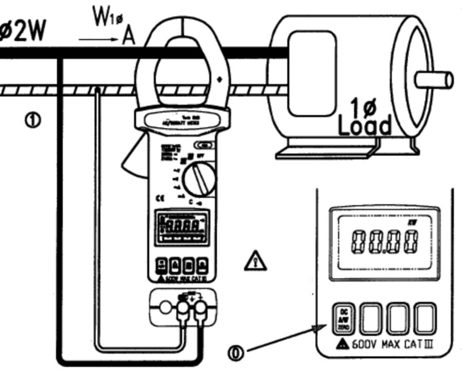 3.3. Pomiar mocy AC+DC a) Ustawić przełącznik funkcji na KW/600V lub KW/250V; b) Wsunąć przewody pomiarowe do gniazdka wejściowego; c) Podłączyć końcówki pomiarowe przewodów pomiarowych do obwodu do