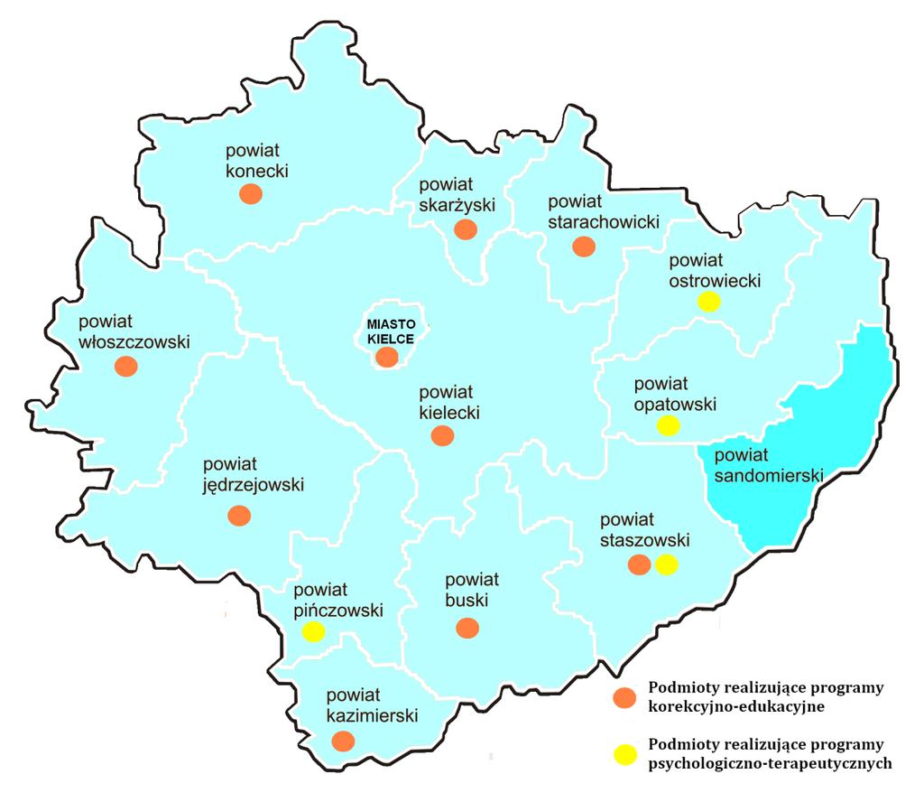 Mapa 5. Samorządy realizujące programy korekcyjno-edukacyjne oraz programy psychologicznoterapeutycznych dla osób stosujących przemoc w rodzinie w regionie świętokrzyskim w 2017r.