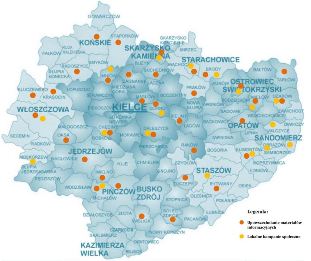 Ostrowiec Świętokrzyski (1) ostrowiecki; Michałów (3) pińczowski; Klimontów (1), Obrazów (1), Sandomierz (1), Wilczyce (1) sandomierski; Skarżysko-Kamienna (1) skarżyski; Brody (1), Starachowice (1)