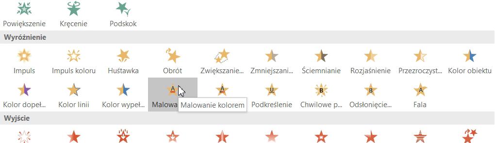 Do tytułu wprowadzisz jeszcze jeden efekt Malowanie kolorem, ale wybierzesz go z grupy Wyróżnienie. Tym razem musisz postąpić inaczej.