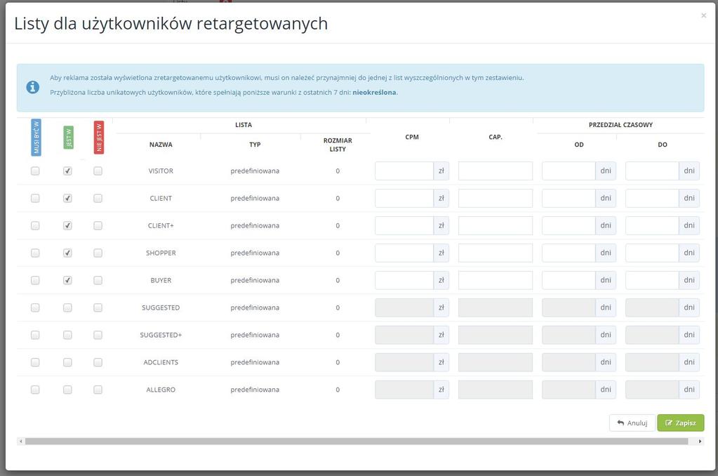 Konﬁgurowanie kampanii w modelu optymalnego CPM W sekcji Listy dla użytkowników retargetowanych ustalamy logiki oraz stawki dla poszczególnych list cookie.