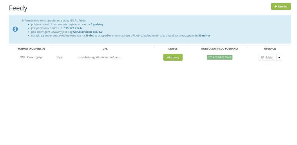 Po zapisaniu, zostajemy ponownie przeniesieni do zakładki feedy, gdzie (po około 30 minutach) będziemy mogli sprawdzić czy nasz feed został pobrany poprawnie.