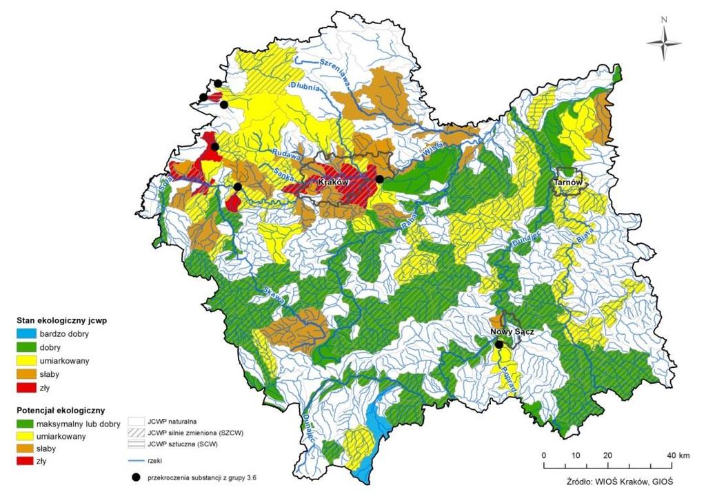 55 jcwp, dla których nie spełniono wymogów dla obszarów chronionych, 25 jcwp w dobrym stanie wód, 62 jcwp w złym stanie. Mapa.