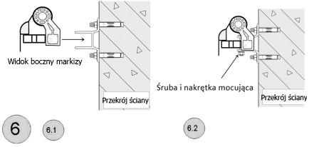 Rysunek 6: Wstaw markizę do uchwytu, jak pokazano na rys.6,1. Przykręć markizę przy pomocy dostarczonych śrub płaską podkładką i nakrętką (rys.6.2) i dokręcić je prawidłowo.