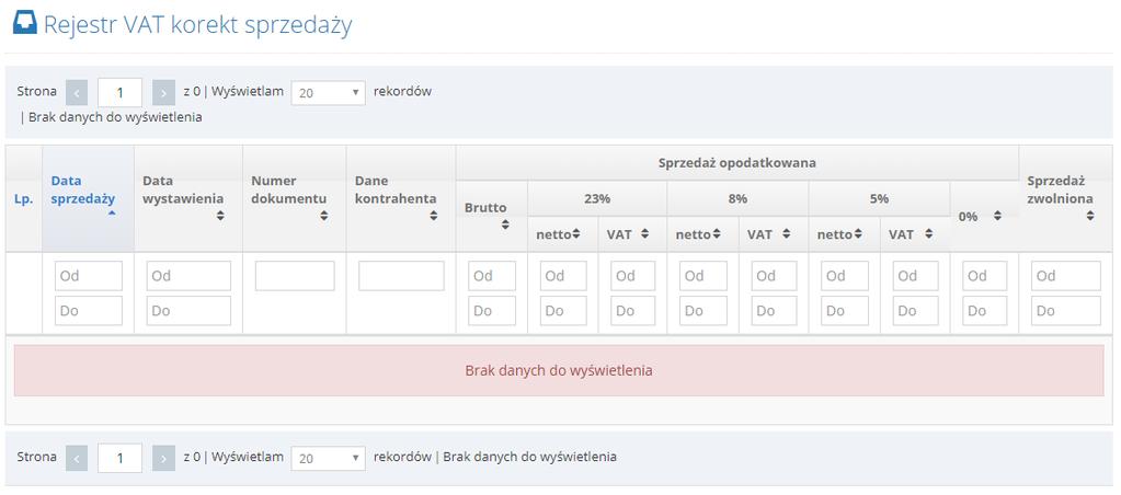 8 Rejestr korekt VAT Rejestr sprzedaży Moduł zawiera listę