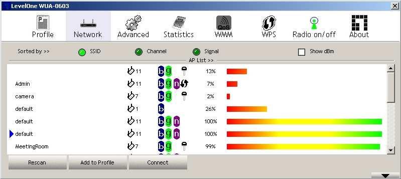 wygląd. Oznacza to, Ŝe urządzenie jest podłączone i działa prawidłowo. Windows Utility Aby otworzyć aplikację, kliknij Start - Programs - LevelOne WUA- 0603 - LevelOne N Wireless Utility.