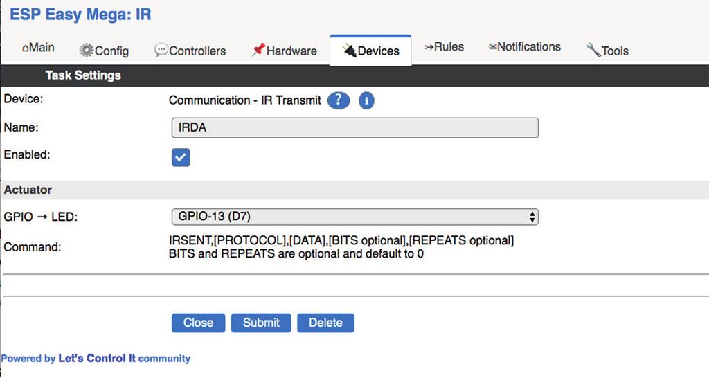 8. Włączenie IR LED Przesyłanie poleceń za pomocą podczerwieni do urządzeń domowych. Wybierz Devices/Edit - IR Transmit i ustaw na GPIO-13.