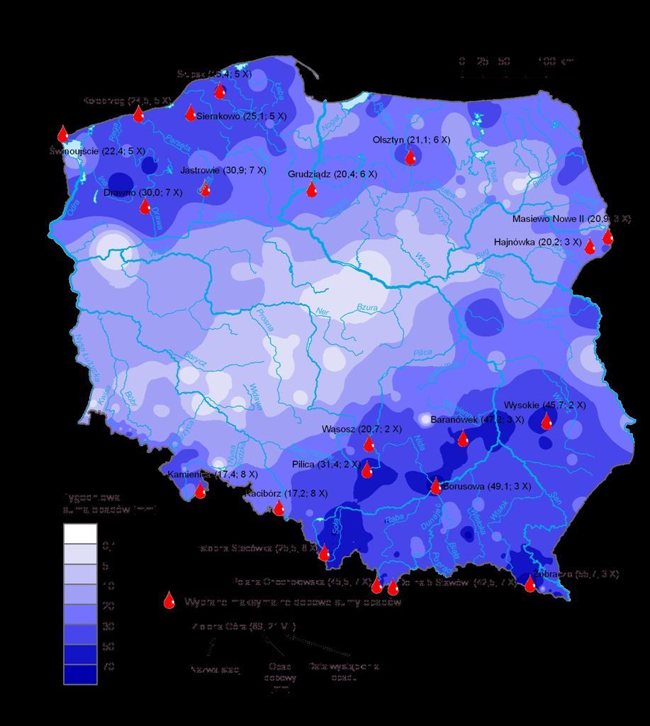 3. Rozkład tygodniowej sumy opadów oraz wybrane