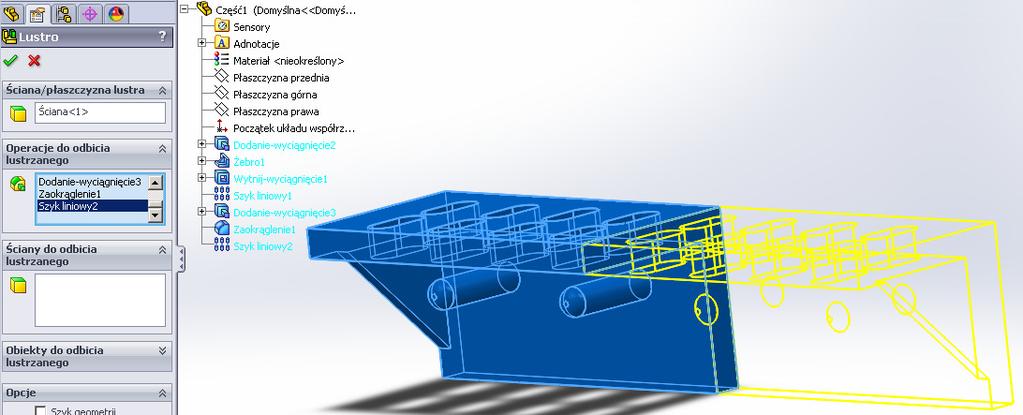 Lustro Pełny model półki uzyskamy po wykonaniu konstrukcji Lustro. W tym celu z zakładki Operacje wybierzemy Lustro.