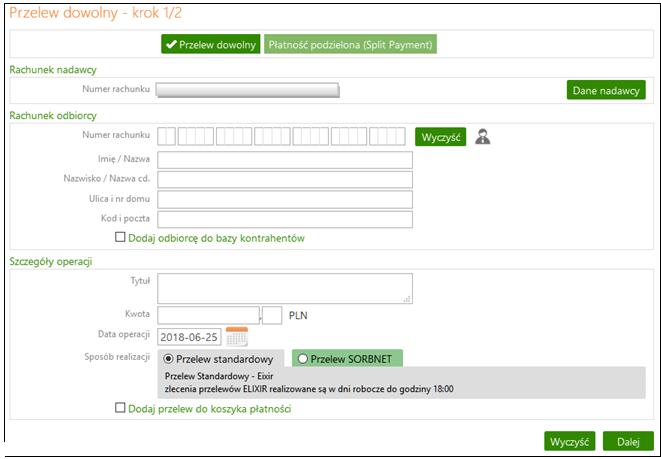 Przelew podatkowy Przelew dewizowy Przelew na rachunek własny Przelew na telefon Sm@rt wypłata W przypadku rachunku walutowego (prowadzonego w dewizach: np. euro, dolar itd.