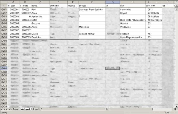 Rys 1. Plik xls z danymi użytkowników portalu nasza-klasa [HACK08] Znalezienie inwestora zagranicznego dało nadzieje na uporanie się z problemem bezpieczeństwa.