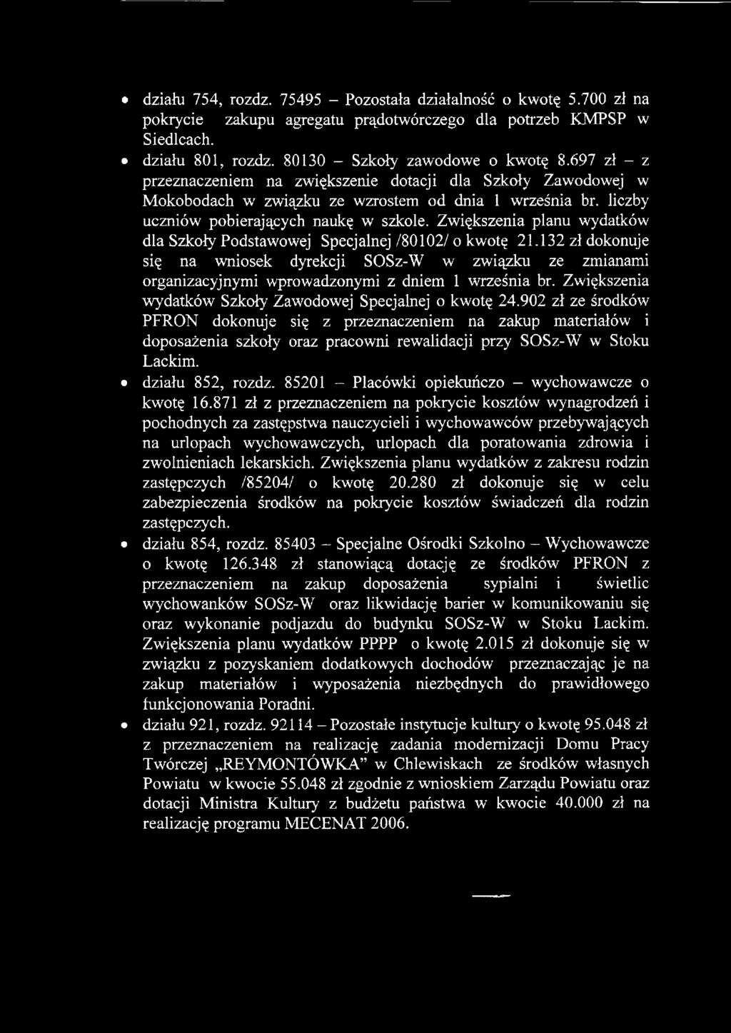 Zwiększenia planu wydatków dla Szkoły Podstawowej Specjalnej/80102/o kwotę 21.132 zł dokonuje się na wniosek dyrekcji SOSz-W w związku ze zmianami organizacyjnymi wprowadzonymi z dniem 1 września br.