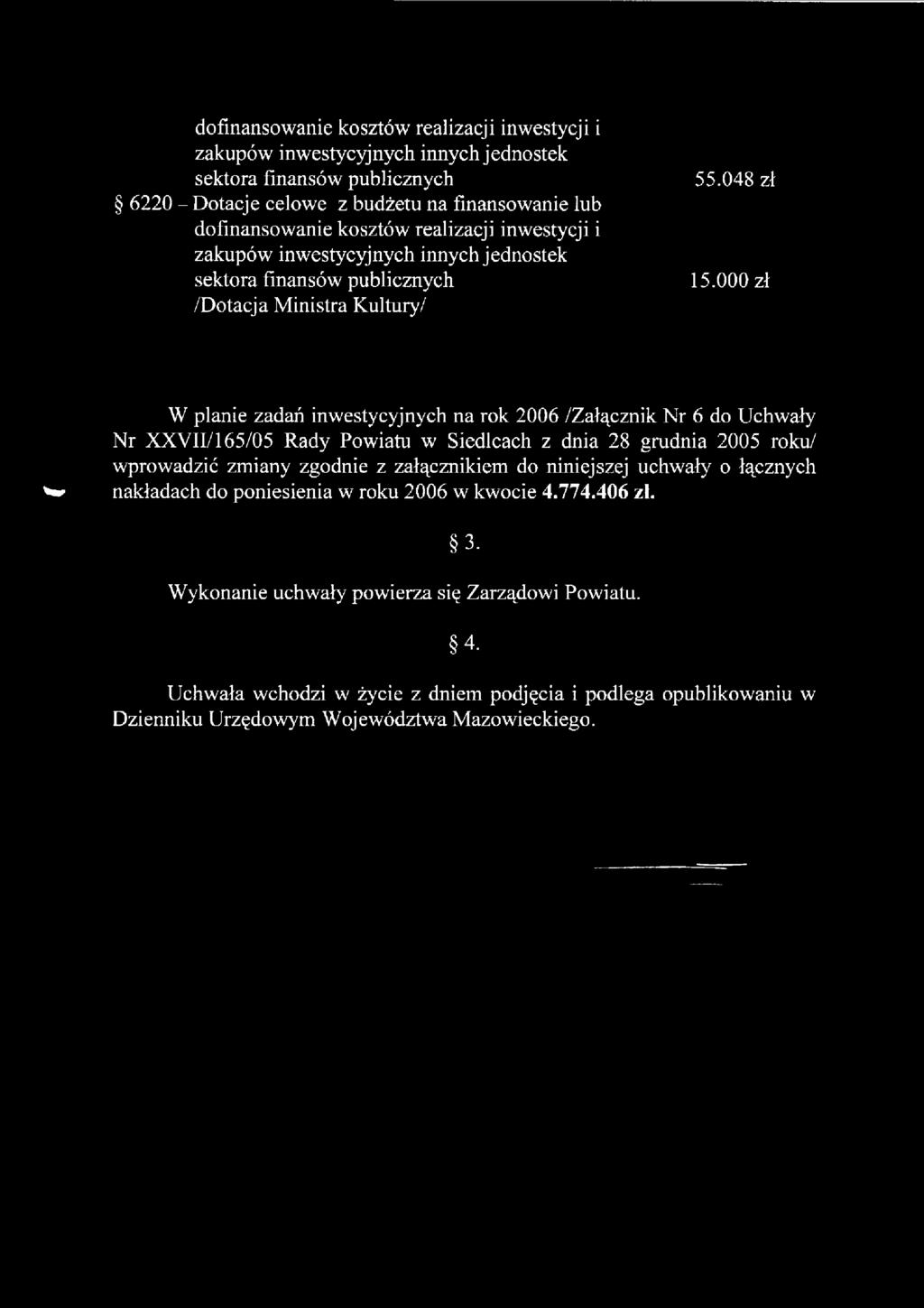 000 zł W planie zadań inwestycyjnych na rok 2006 /Załącznik Nr 6 do Uchwały Nr XXVII/165/05 Rady Powiatu w Siedlcach z dnia 28 grudnia 2005 roku/ wprowadzić zmiany zgodnie z załącznikiem do