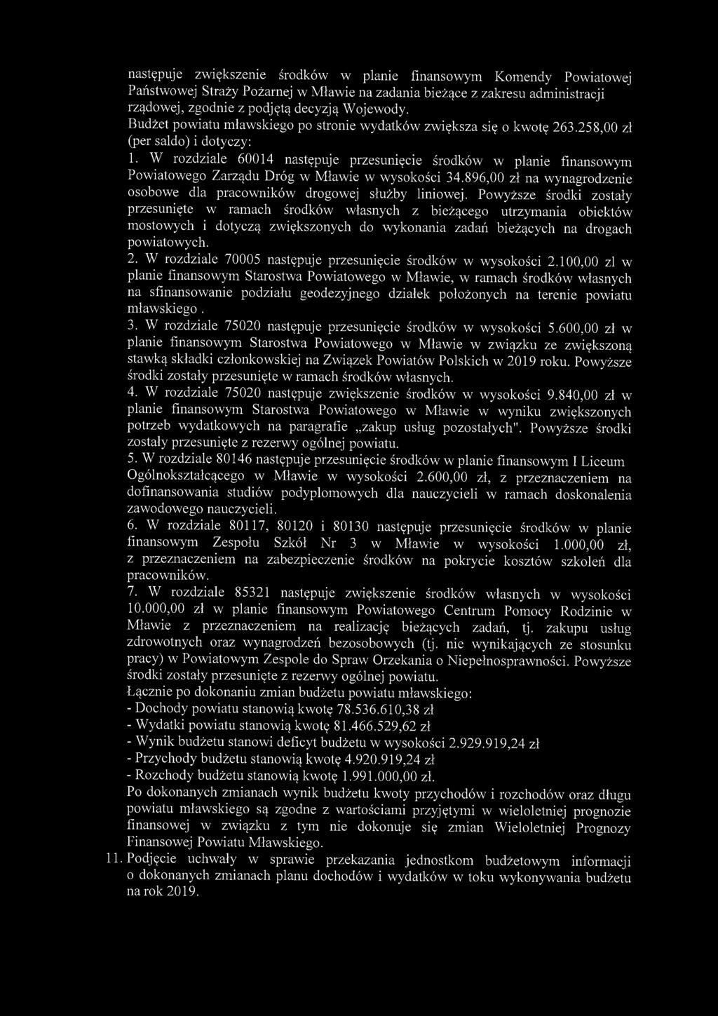 następuje zwiększenie środków w planie finansowym Komendy Powiatowej Państwowej Straży Pożarnej w Mławie na zadania bieżące z zakresu administracji rządowej, zgodnie z podjętą decyzją Wojewody.