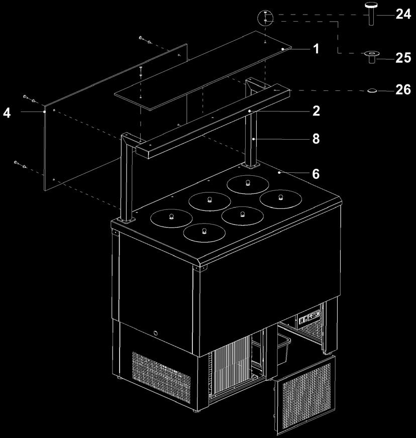 Rysunek 5 Montaż elementów szklanych 1 Półka szklana górna nadstawki 2 Zespół lampy z podświetleniem LED 4 Szyba frontowa 6 Izolowany blat roboczy 8 Stelaż nadstawki szklanej profil nierdzewny z