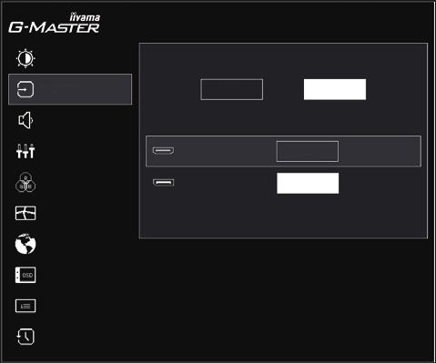 Wybór wejść Input Select G-MASTER GB2760HSU Direct HDMI DISPLAYPORT (DP) Element regulacji Problem / Opcja Przyciski, które należy naciskać Źródło Sygnału Input Source Auto Ręczne HDMI DisplayPort