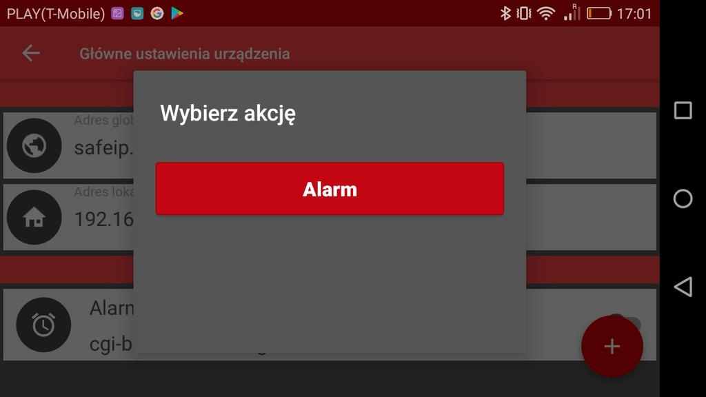 4. Następstwem wyboru urządzenia jest poniższe okno, Należy wcisnąć przycisk Alarm. Rys.